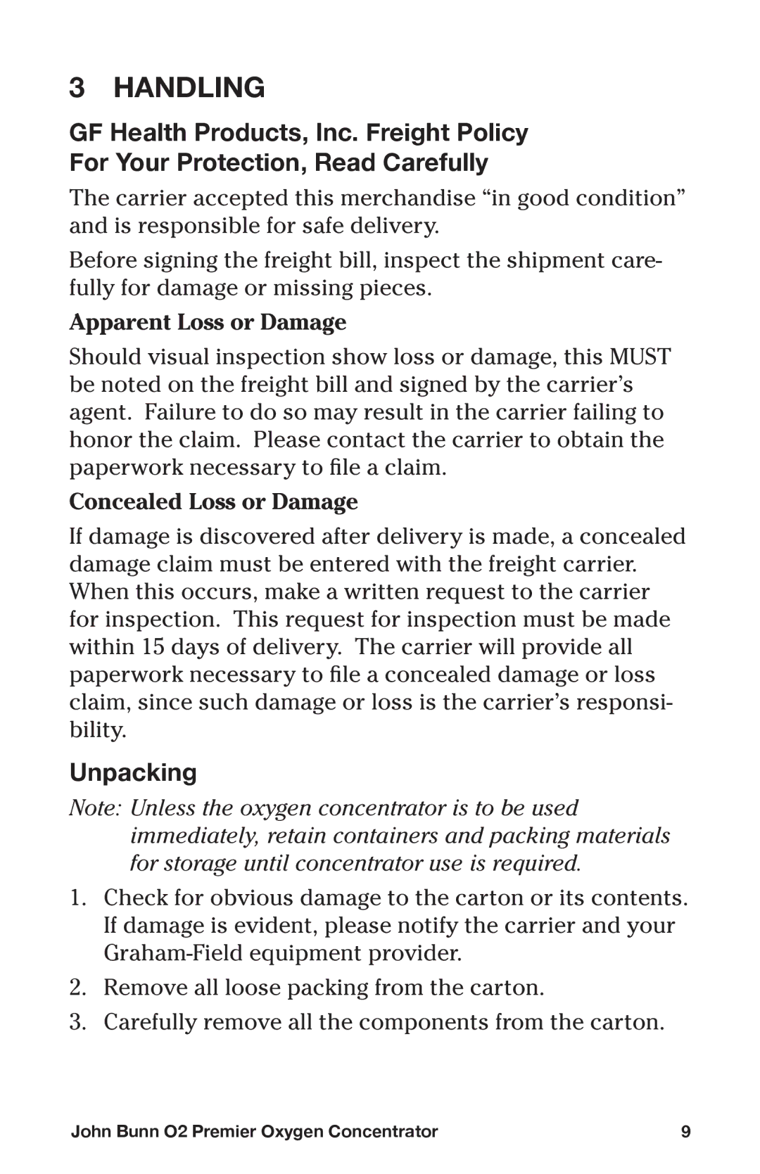 Graham Field JB0160-015B-220, JB0160-015-220, JB0160-010-220, JB0160-010B-220 user manual Handling, Unpacking 