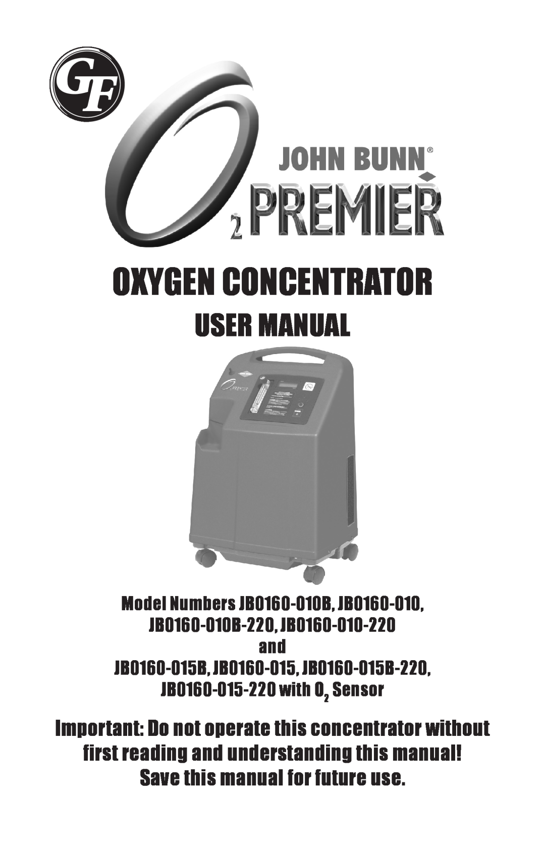 Graham Field JB0160-015 user manual Oxygen Concentrator, User Manual, Important Do not operate this concentrator without 