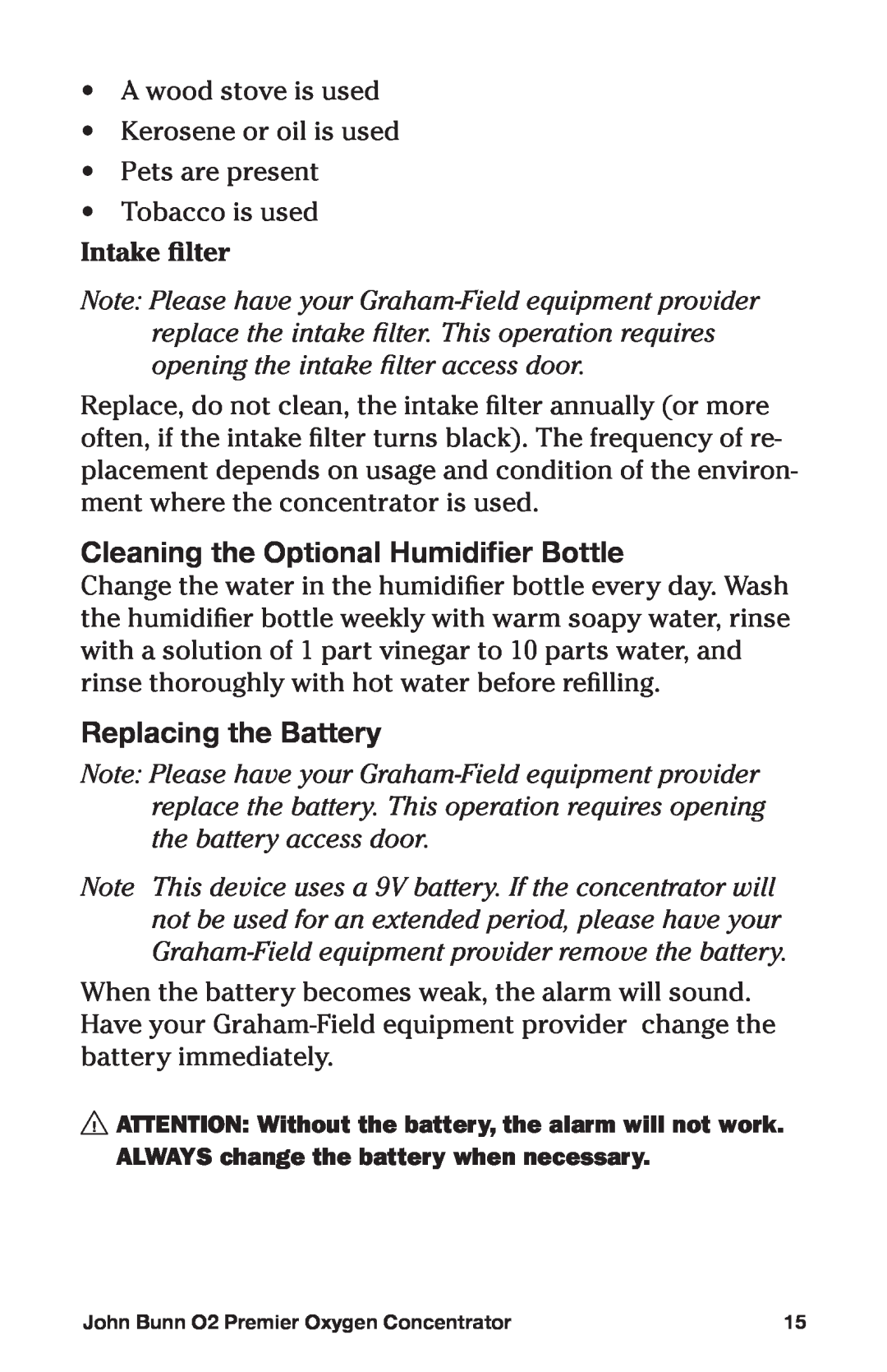 Graham Field JB0160-010B-220, JB0160-015 Cleaning the Optional Humidifier Bottle, Replacing the Battery, Intake filter 