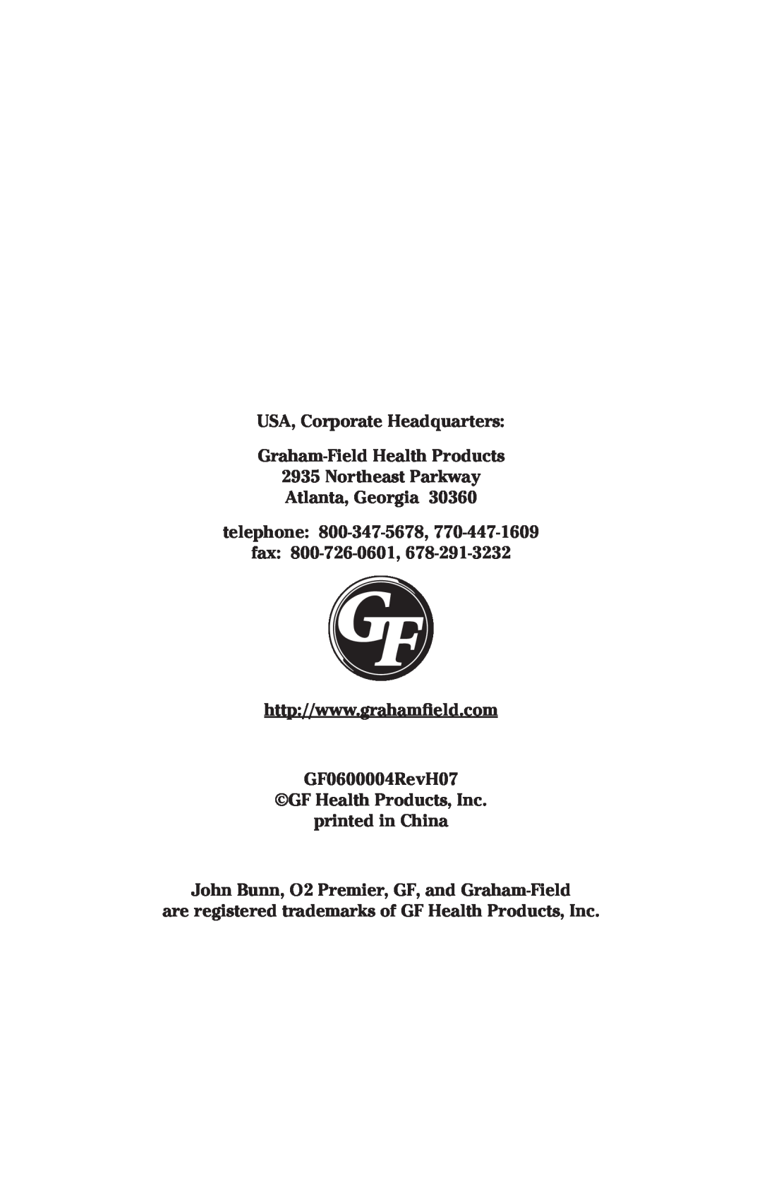 Graham Field JB0160-010-220, JB0160-015B-220 USA, Corporate Headquarters Graham-Field Health Products, fax 800-726-0601 