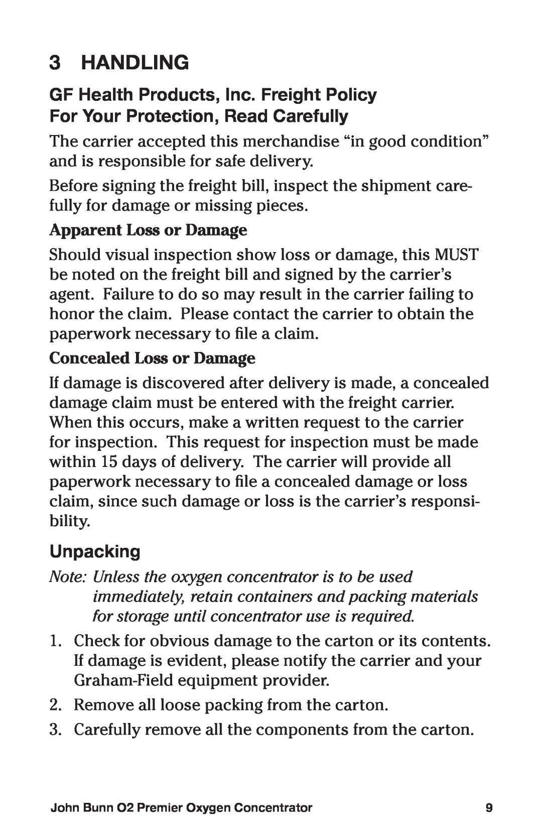 Graham Field JB0160-015 Handling, GF Health Products, Inc. Freight Policy, For Your Protection, Read Carefully, Unpacking 