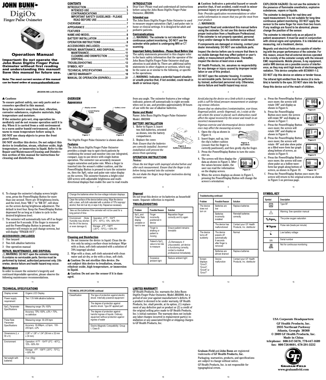 Graham Field JB02008 operation manual Intended use, Contraindications, Do not clip this device on edema or tender tissue 