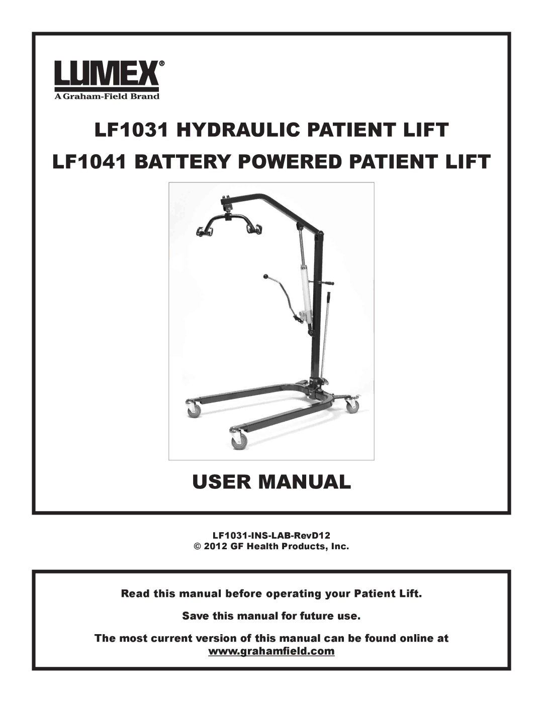 Graham Field lf 1031 user manual LF1031-INS-LAB-RevD12 GF Health Products, Inc 