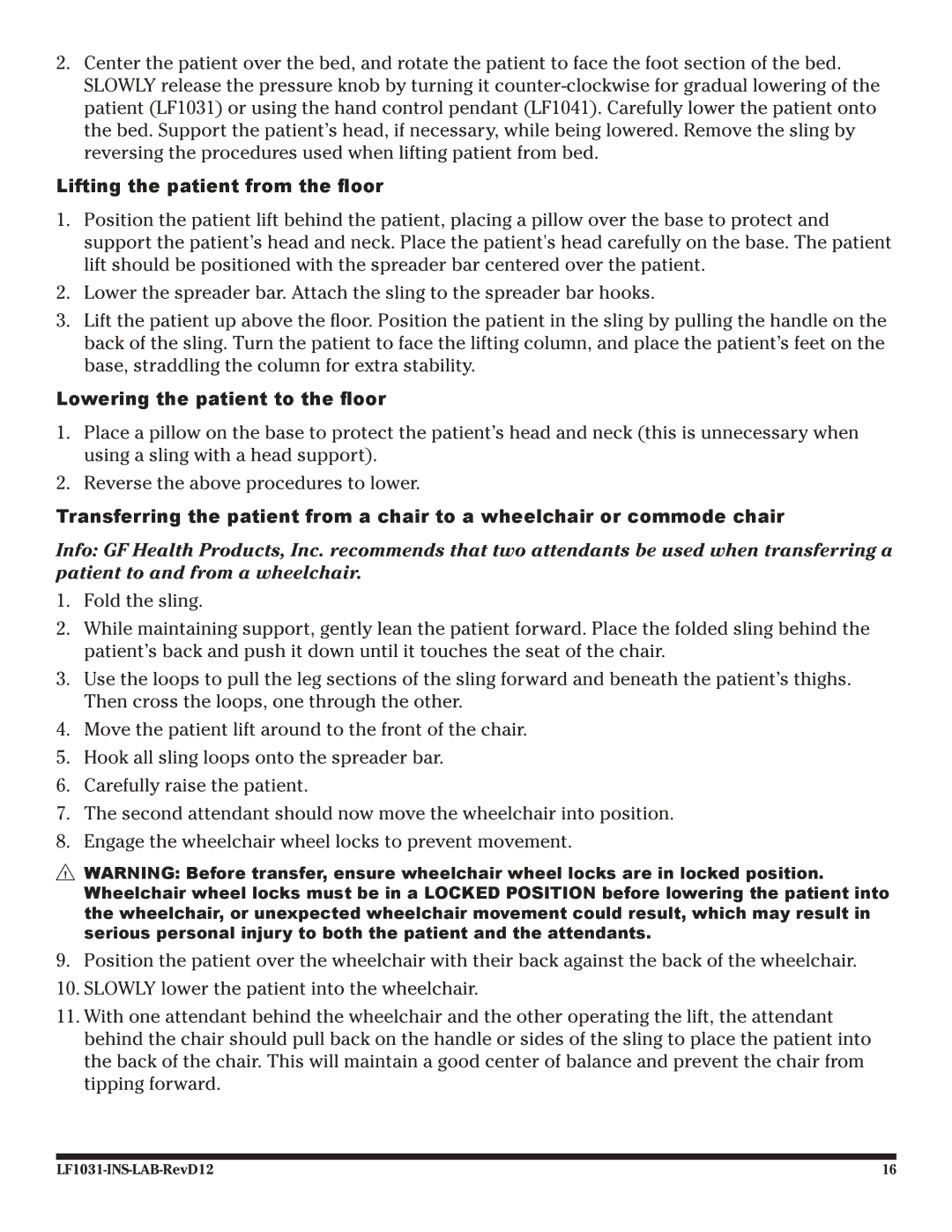 Graham Field lf 1031 user manual Lifting the patient from the floor, Lowering the patient to the floor 