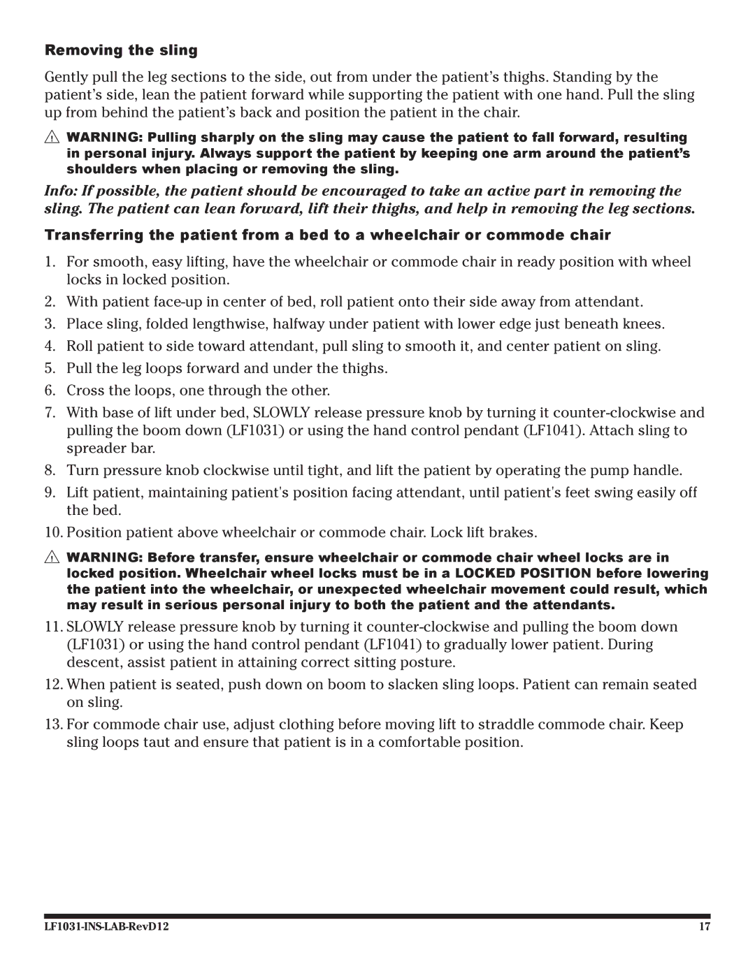 Graham Field lf 1031 user manual Removing the sling 