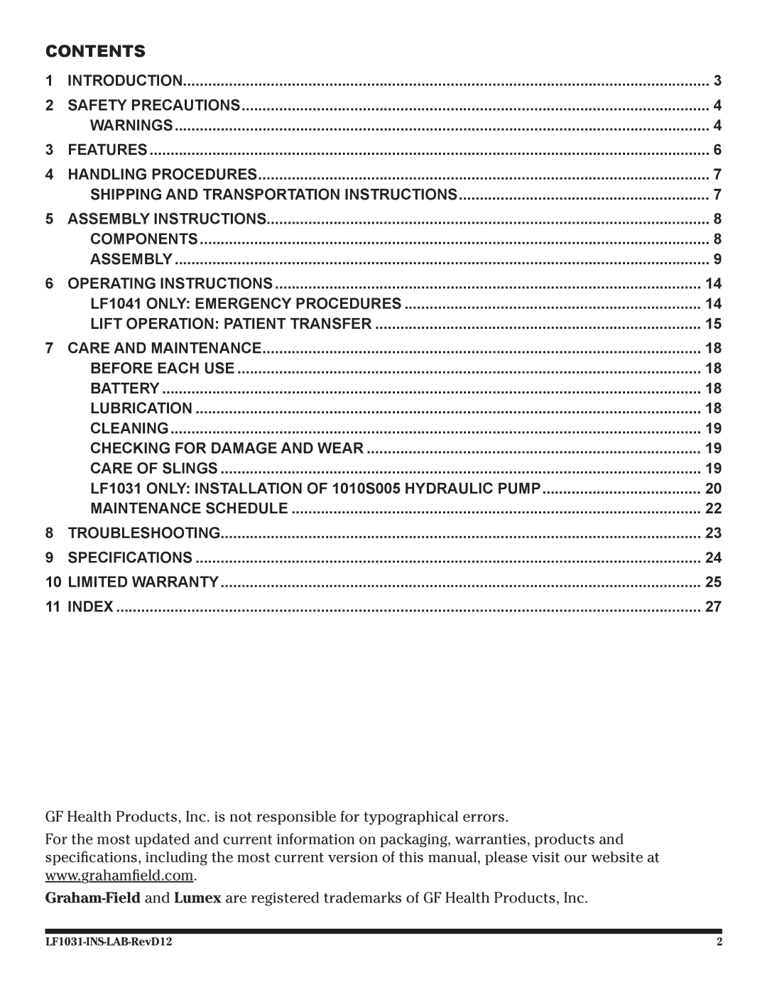 Graham Field lf 1031 user manual Contents 