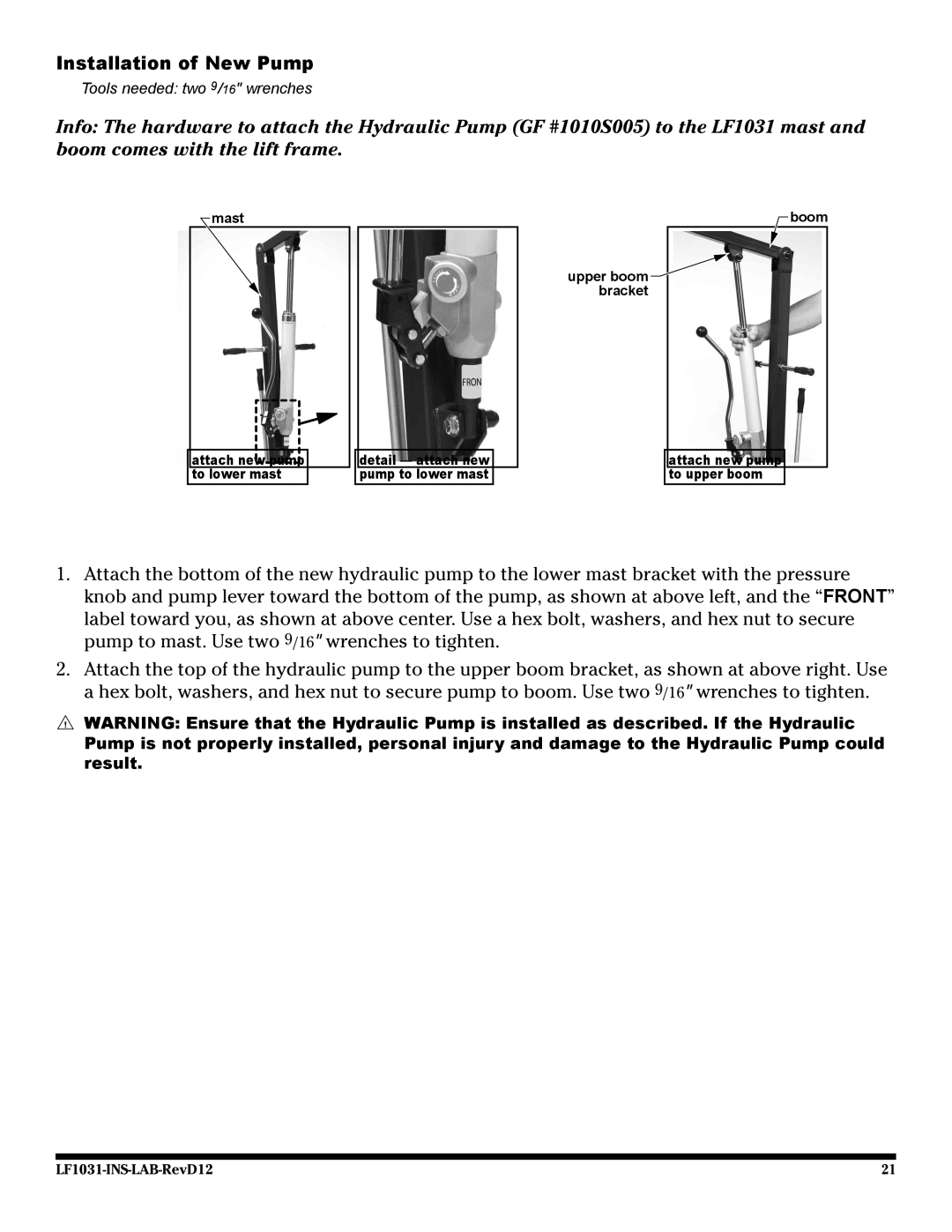 Graham Field lf 1031 user manual Installation of New Pump 