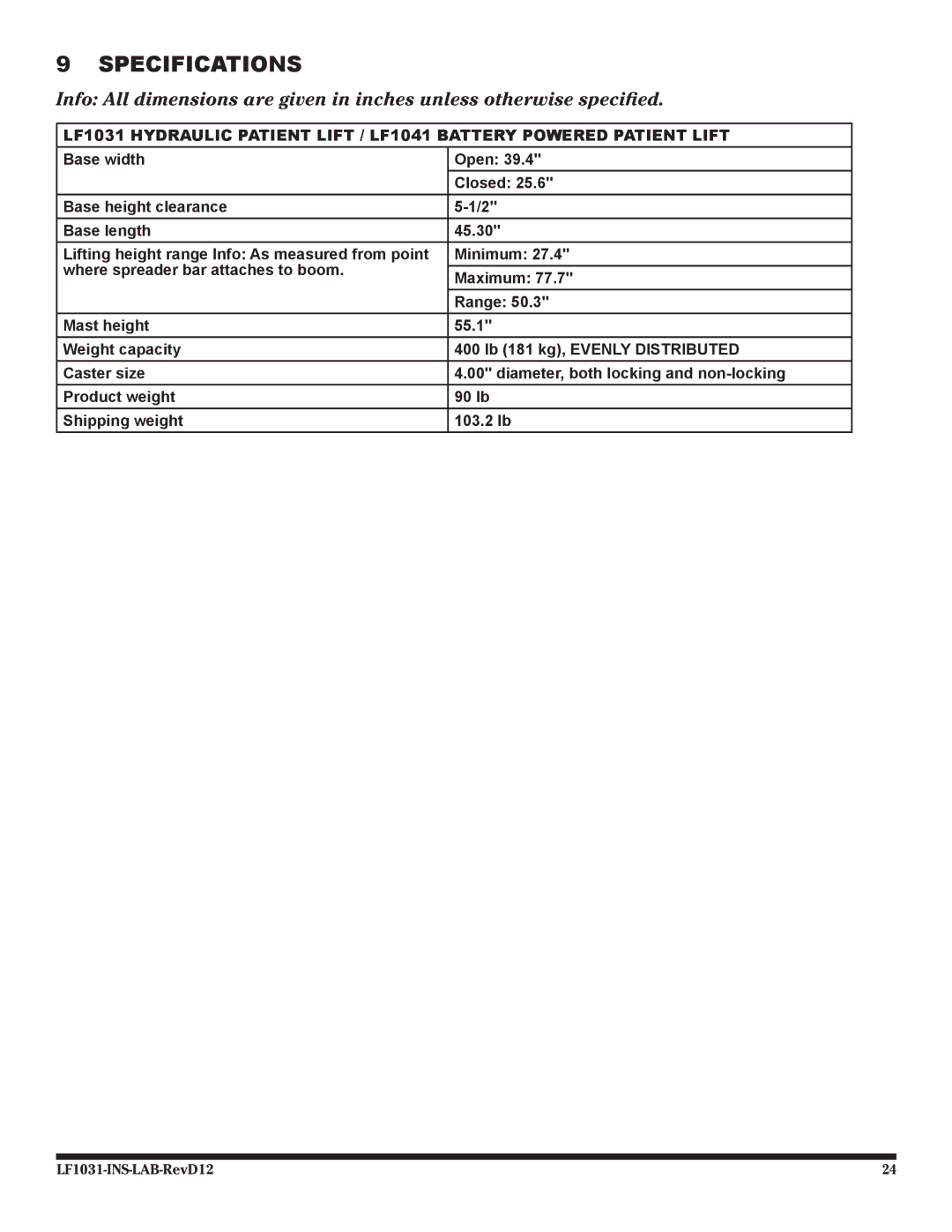 Graham Field lf 1031 user manual Specifications 