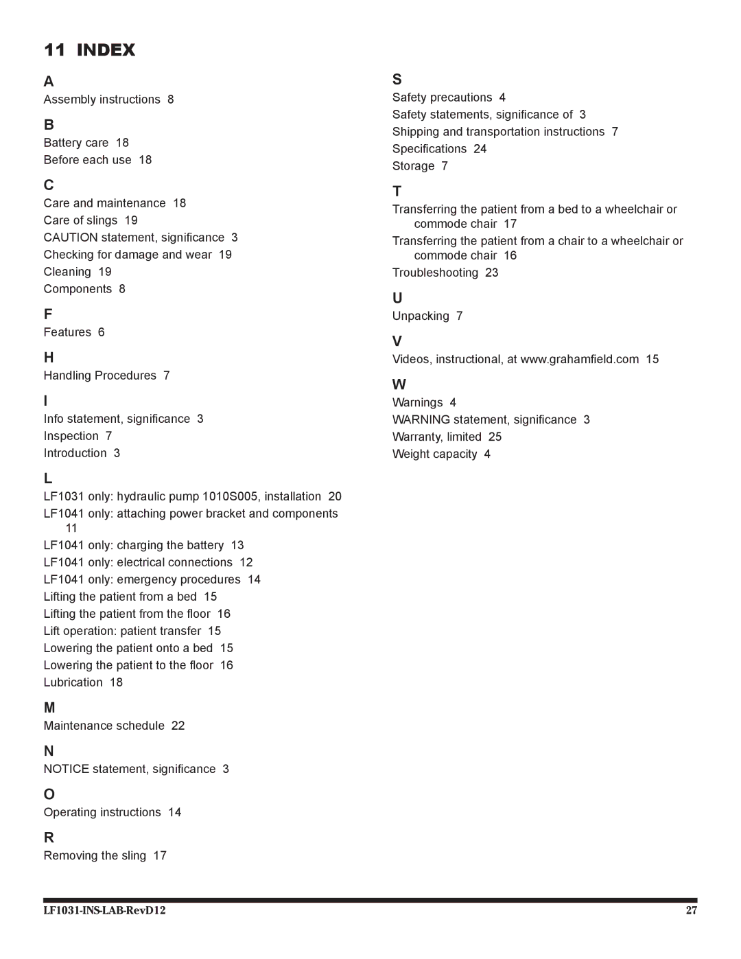 Graham Field lf 1031 user manual Index 