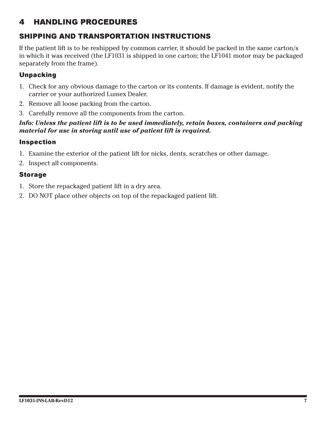 Graham Field lf 1031 Handling Procedures, Shipping and Transportation Instructions, Unpacking, Inspection, Storage 