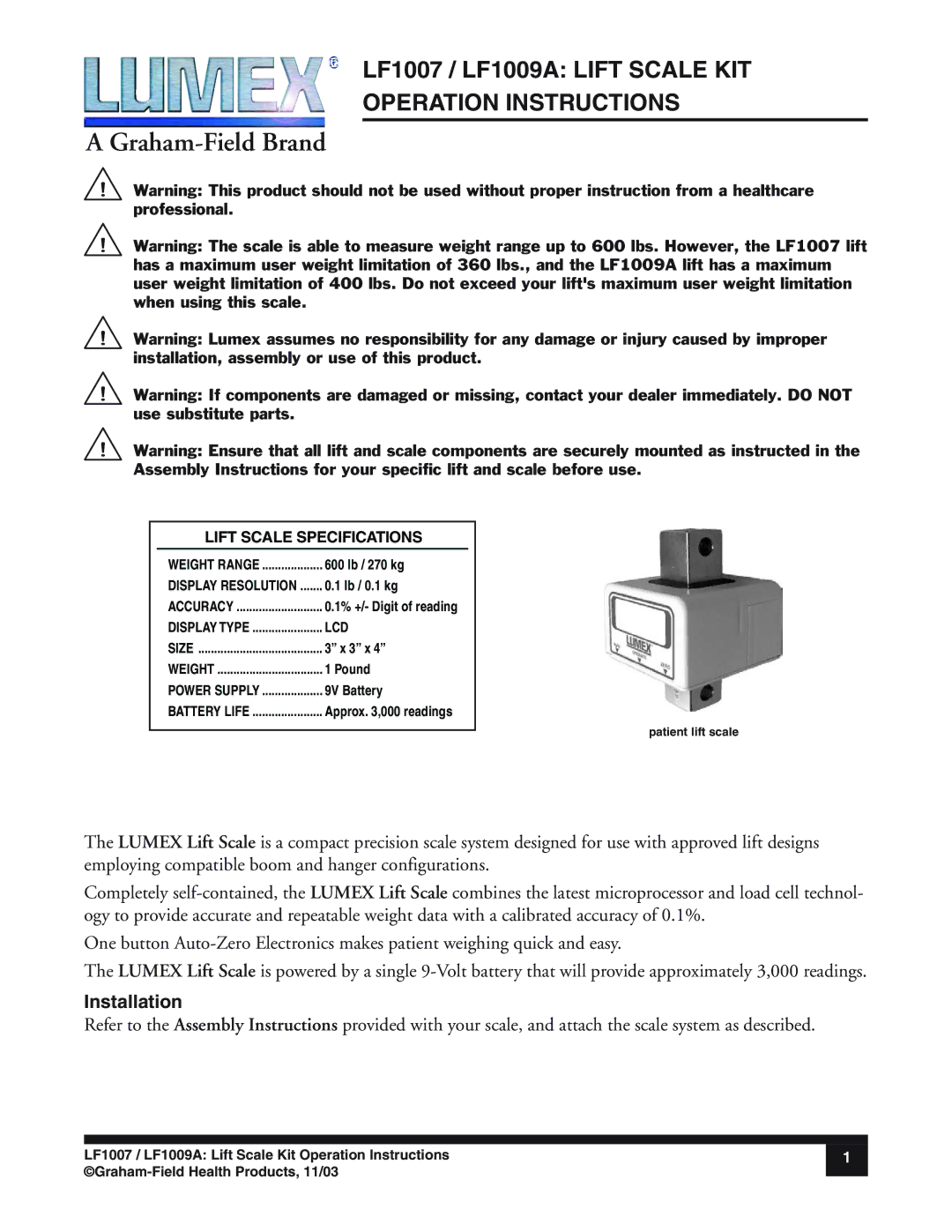 Graham Field LF1007, LF1009A specifications Graham-Field Brand, Installation, Lift Scale Specifications, Lcd 