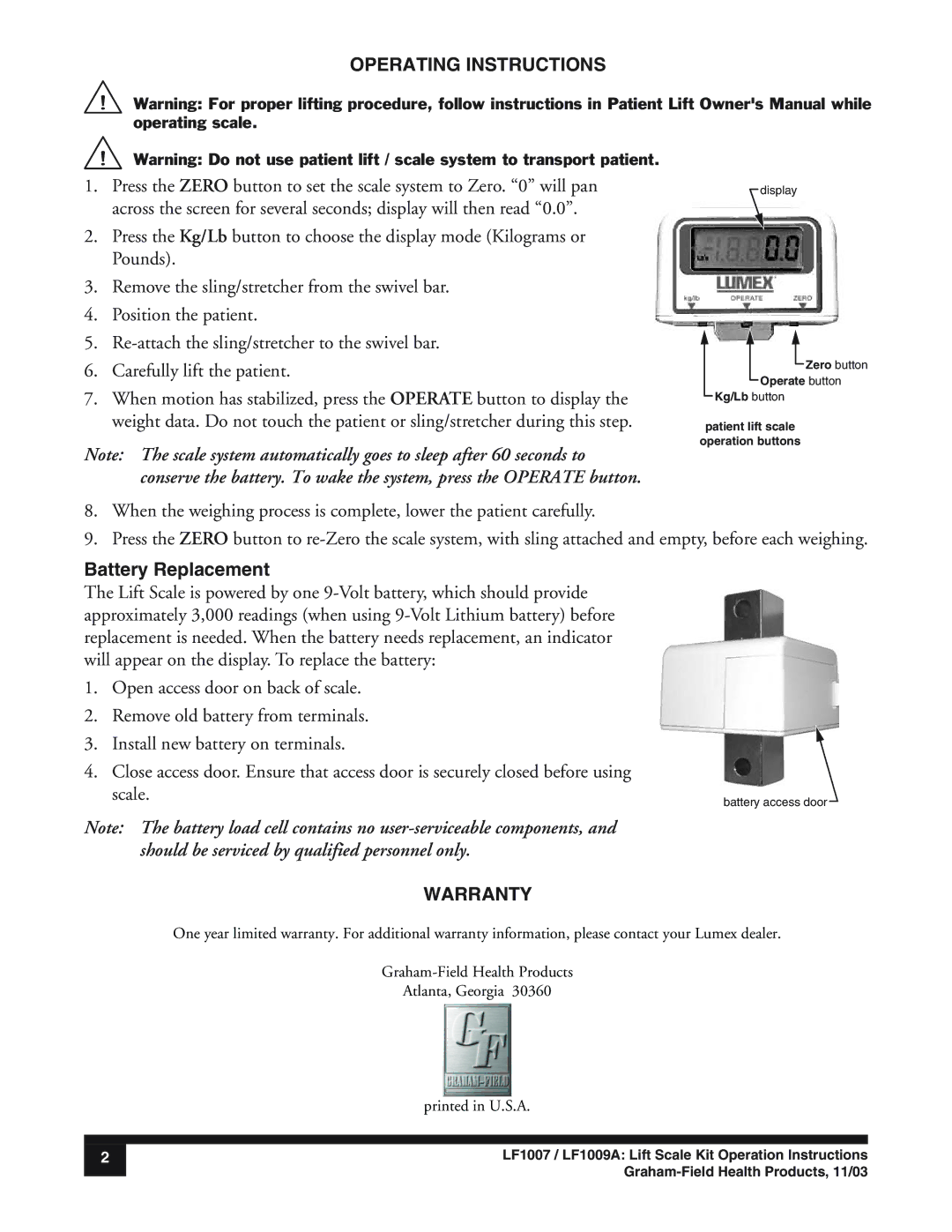 Graham Field LF1009A, LF1007 specifications Operating Instructions, Battery Replacement, Warranty 