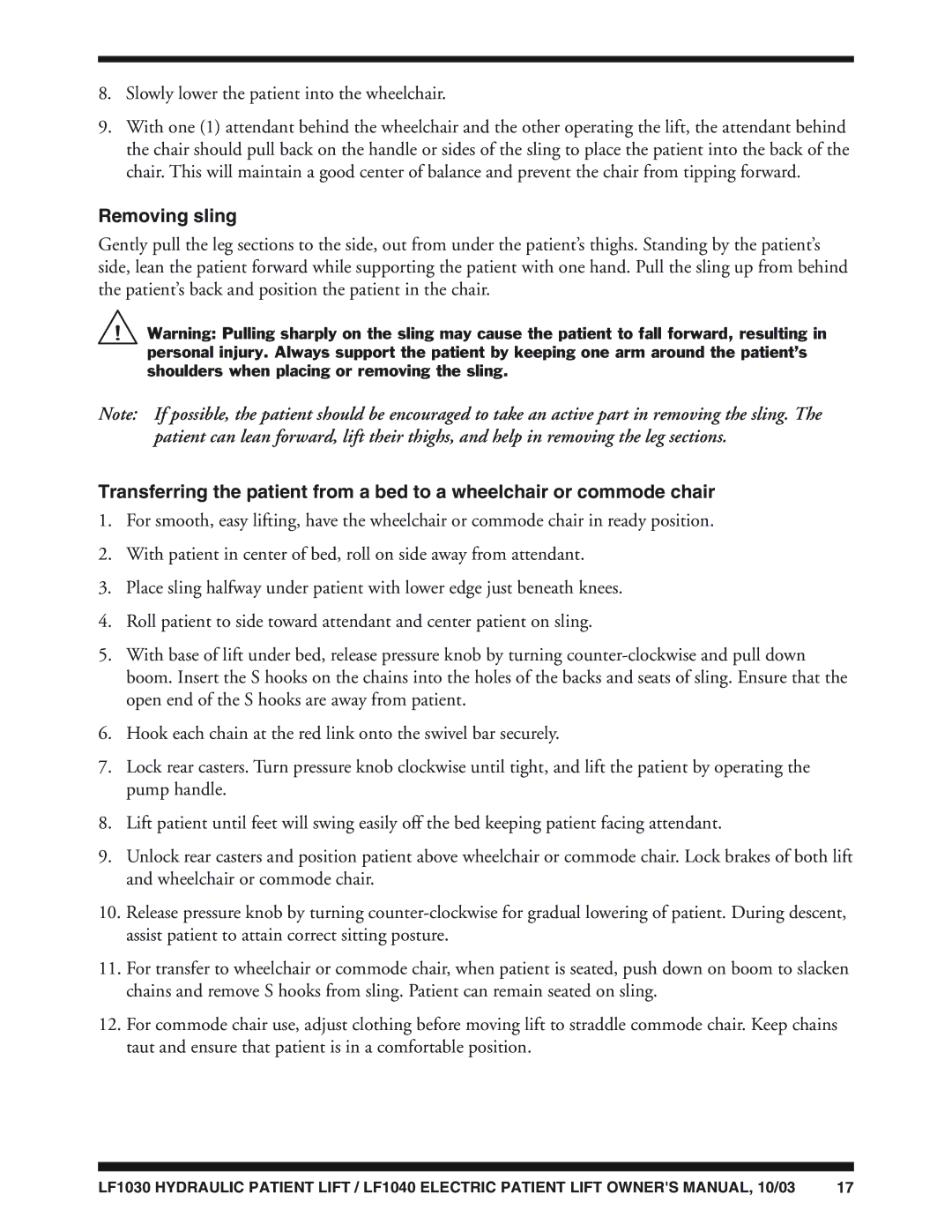 Graham Field LF1040, LF1030 owner manual Removing sling 