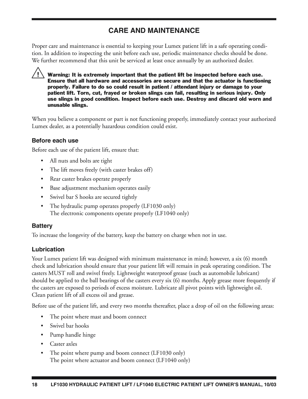 Graham Field LF1030, LF1040 owner manual Care and Maintenance, Before each use, Battery, Lubrication 