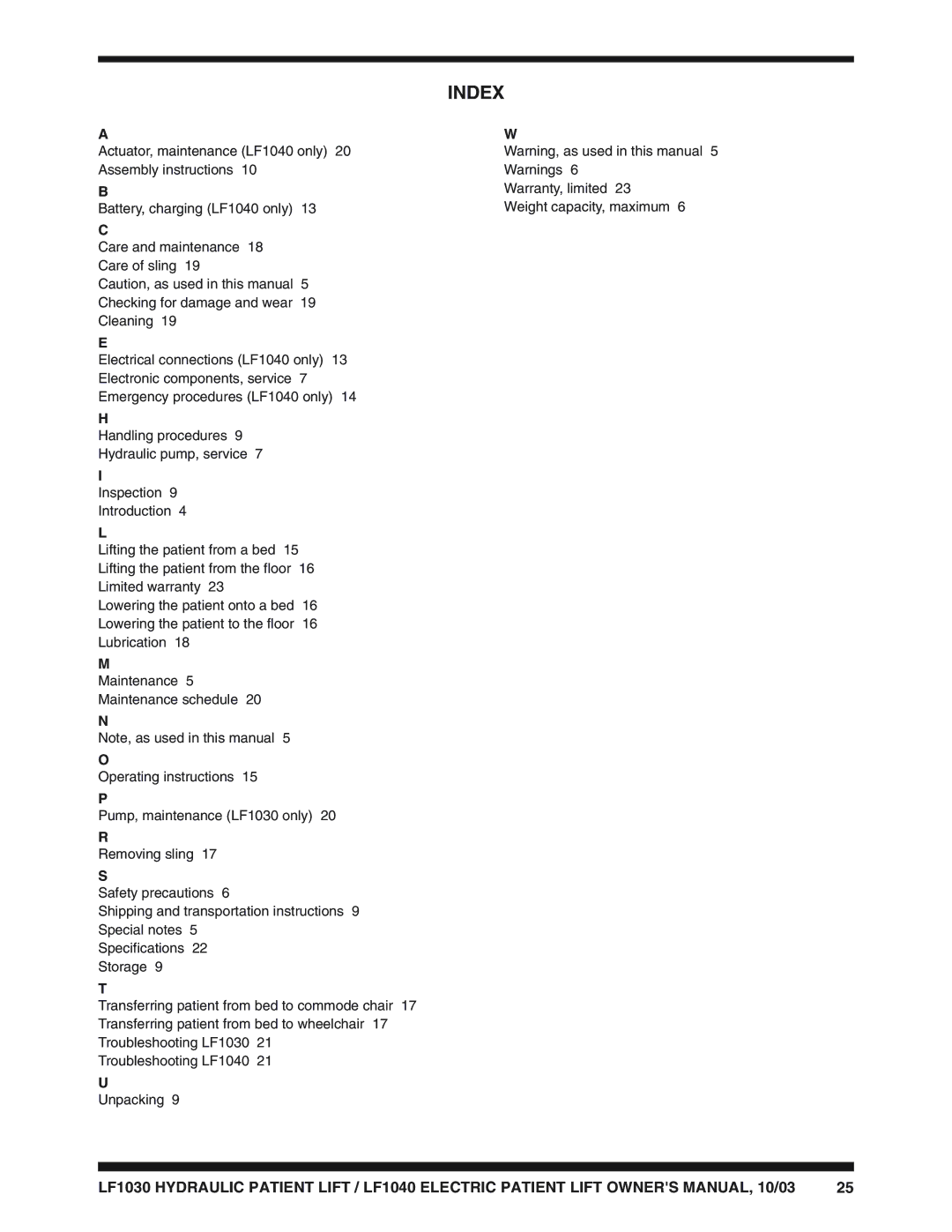 Graham Field LF1040, LF1030 owner manual Index 