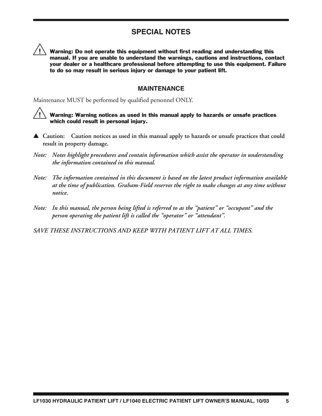 Graham Field LF1040, LF1030 owner manual Special Notes, Maintenance 