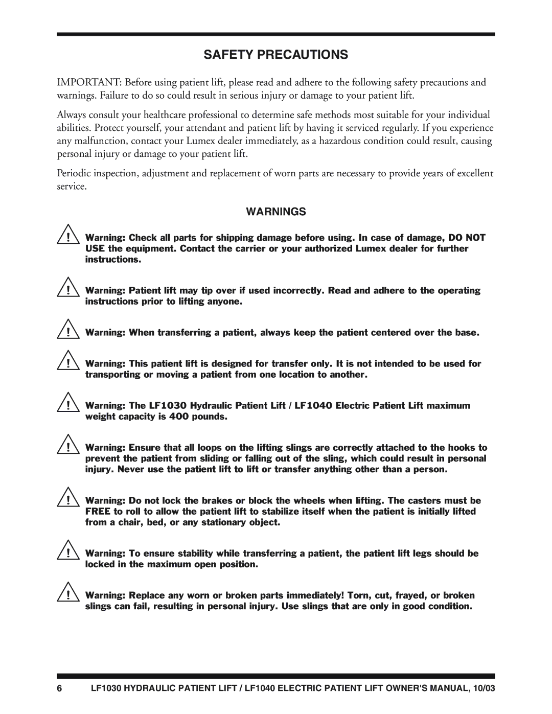 Graham Field LF1030, LF1040 owner manual Safety Precautions 