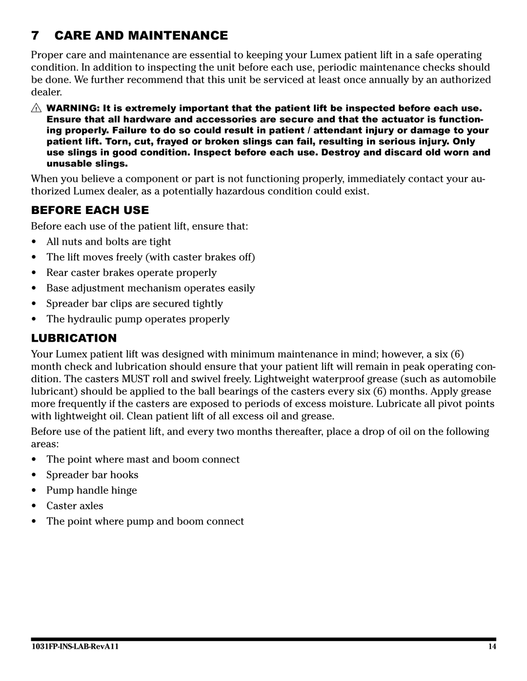 Graham Field LF1031FP user manual Care and Maintenance, Before Each USE, Lubrication 