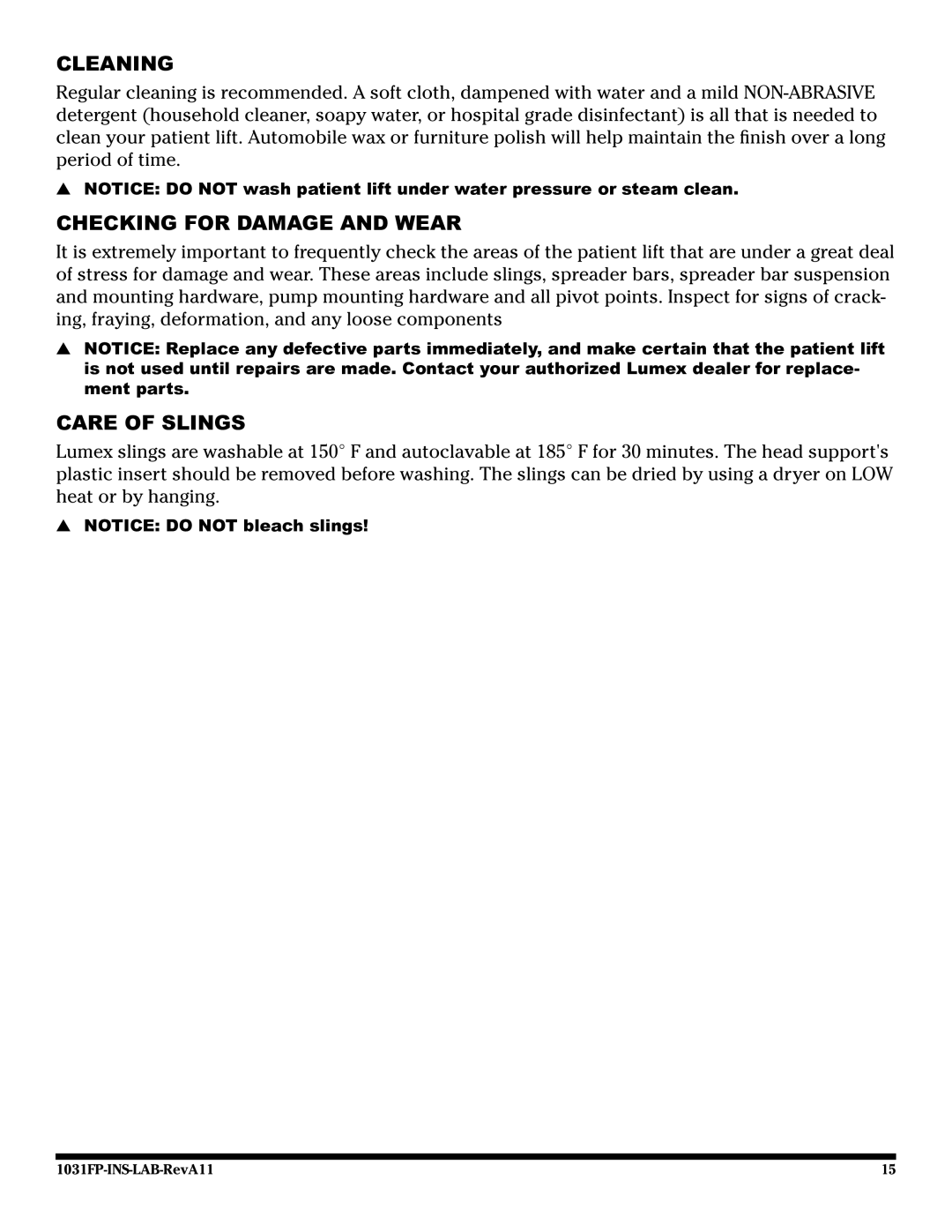 Graham Field LF1031FP user manual Cleaning, Checking for Damage and Wear, Care of Slings 