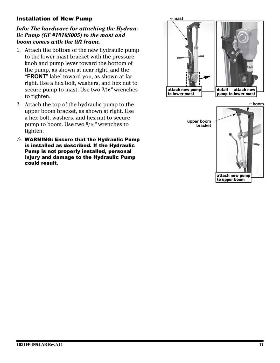 Graham Field LF1031FP user manual Installation of New Pump 