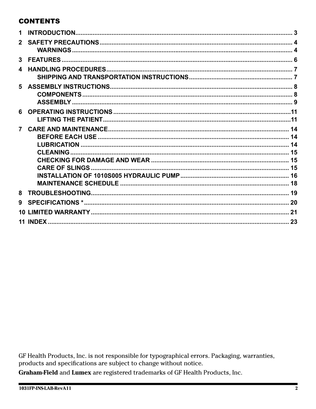 Graham Field LF1031FP user manual Contents 