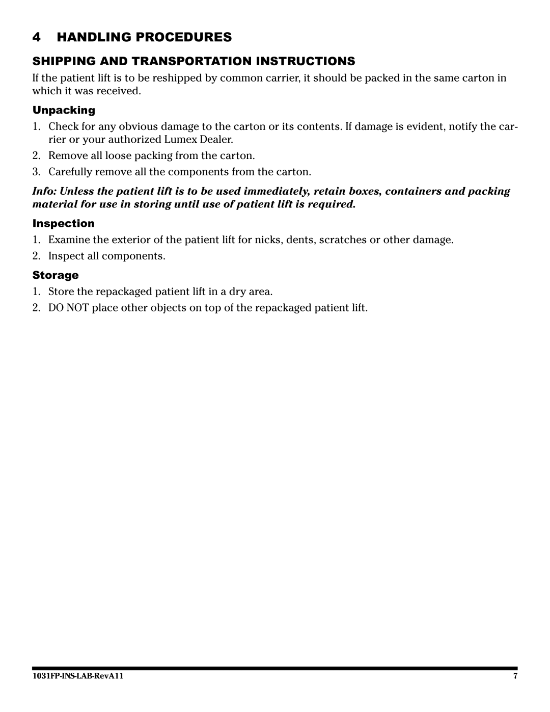 Graham Field LF1031FP Handling Procedures, Shipping and Transportation Instructions, Unpacking, Inspection, Storage 