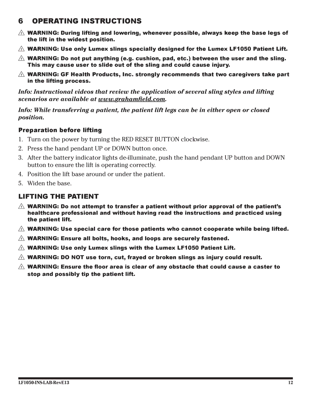 Graham Field LF1050 user manual Operating Instructions, Lifting the Patient, Preparation before lifting 