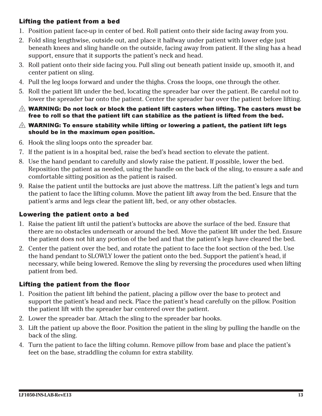 Graham Field LF1050 Lifting the patient from a bed, Lowering the patient onto a bed, Lifting the patient from the floor 