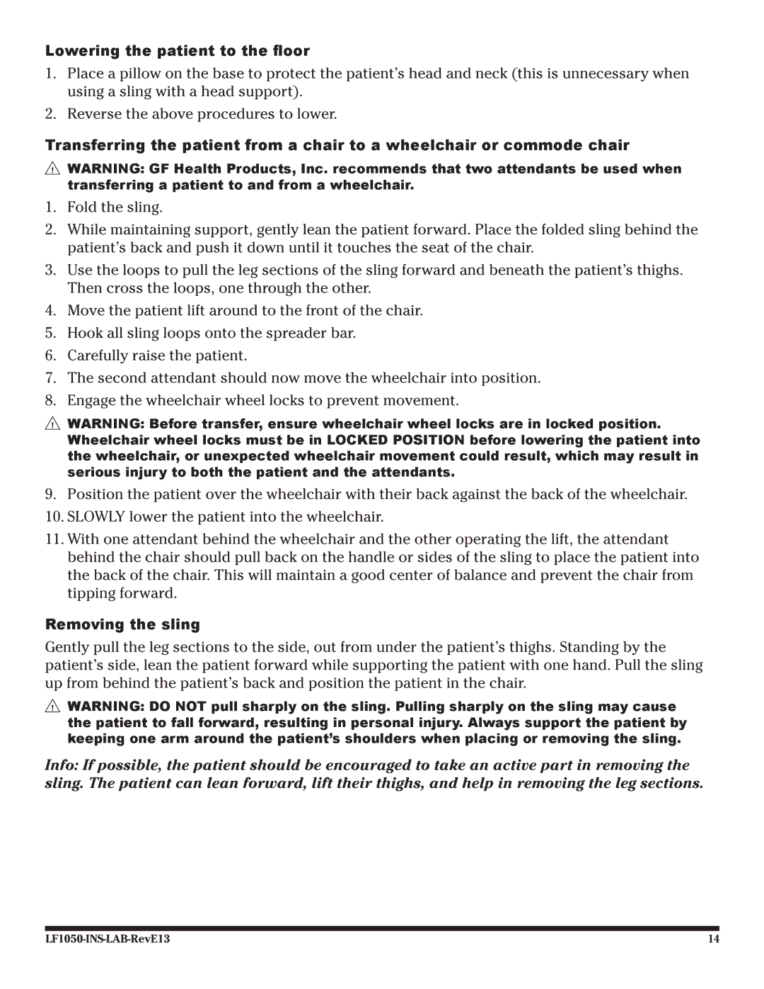 Graham Field LF1050 user manual Lowering the patient to the floor, Removing the sling 