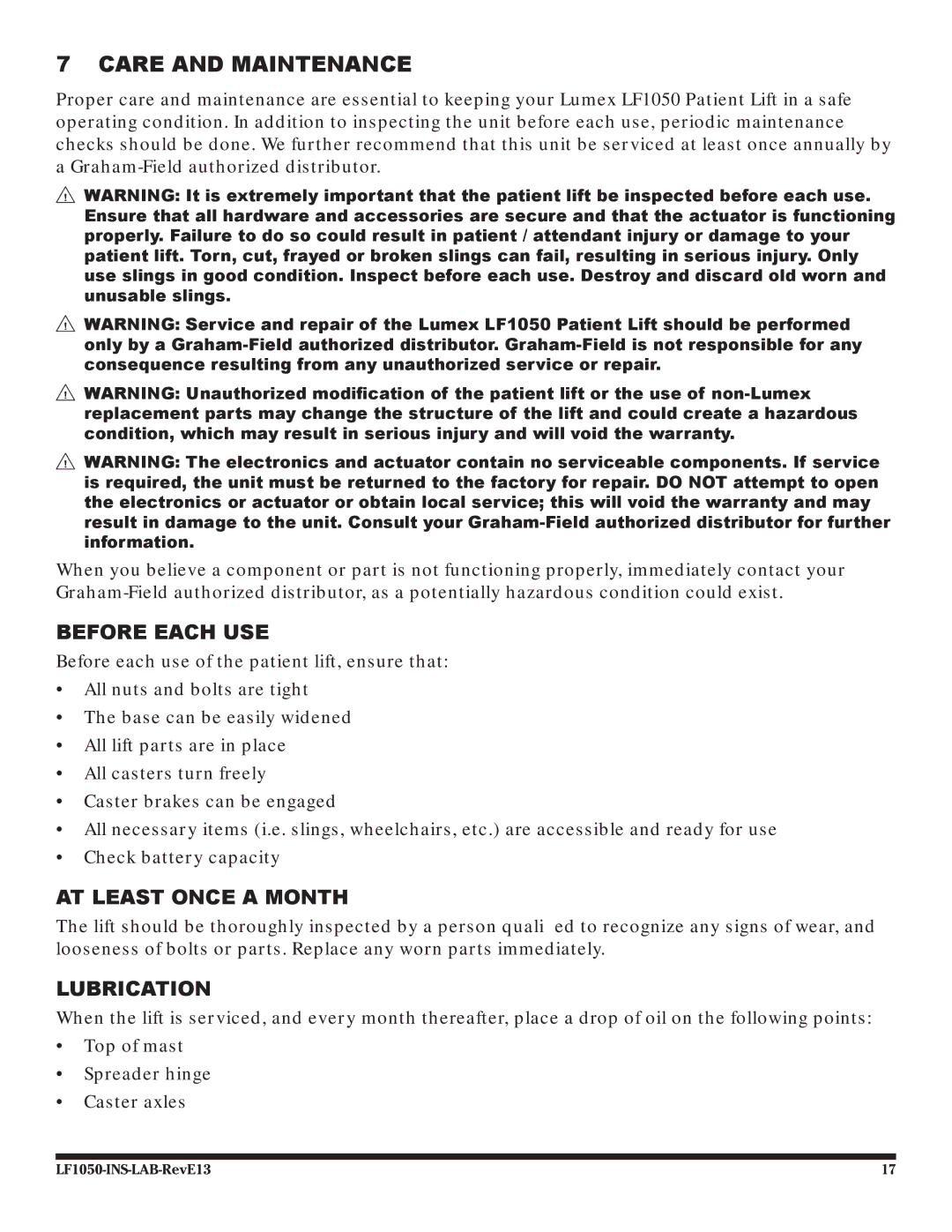 Graham Field LF1050 user manual Care and Maintenance, Before Each USE, AT Least Once a Month, Lubrication 