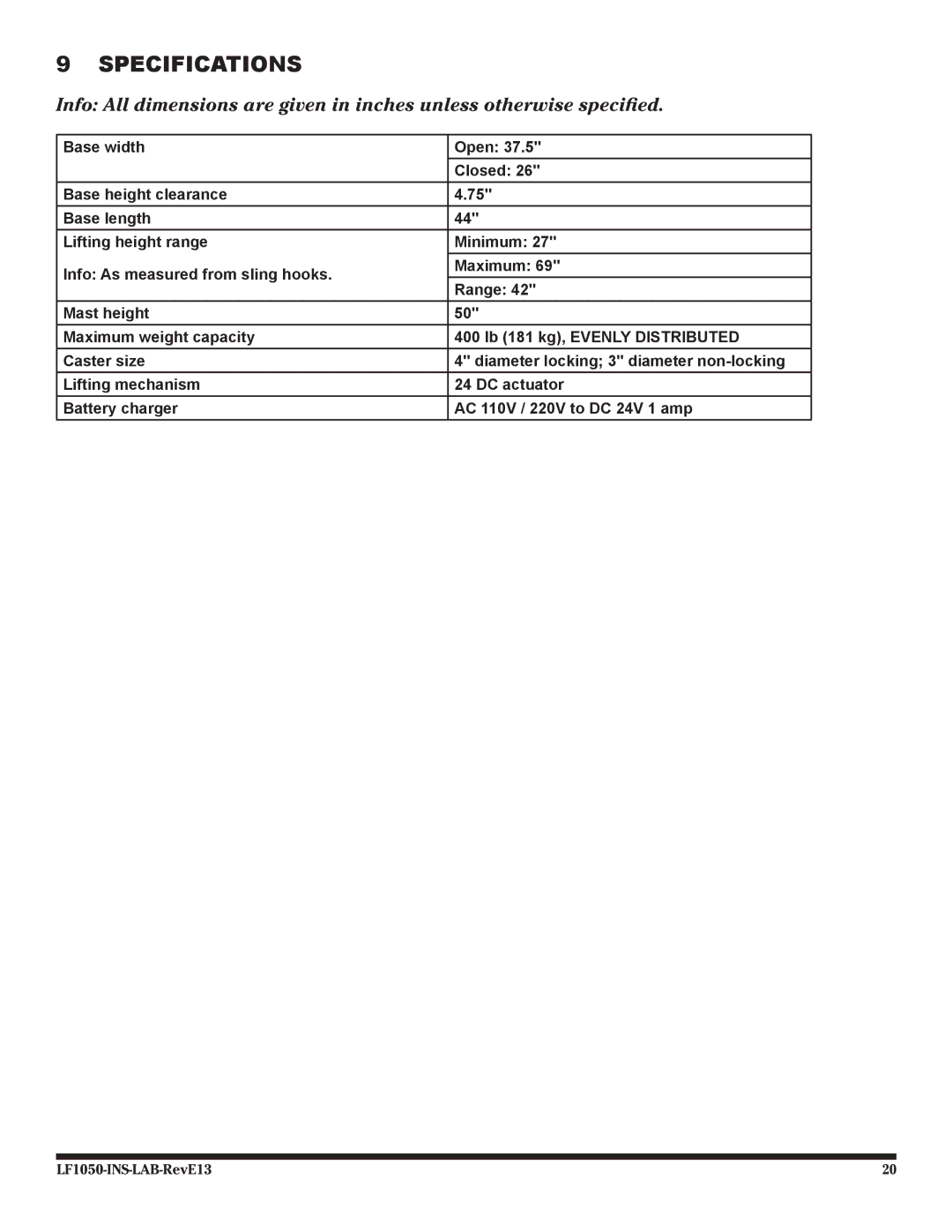 Graham Field LF1050 user manual Specifications 