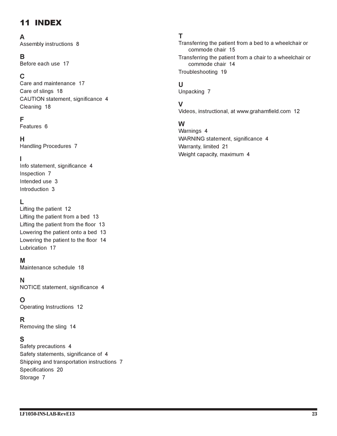 Graham Field LF1050 user manual Index 