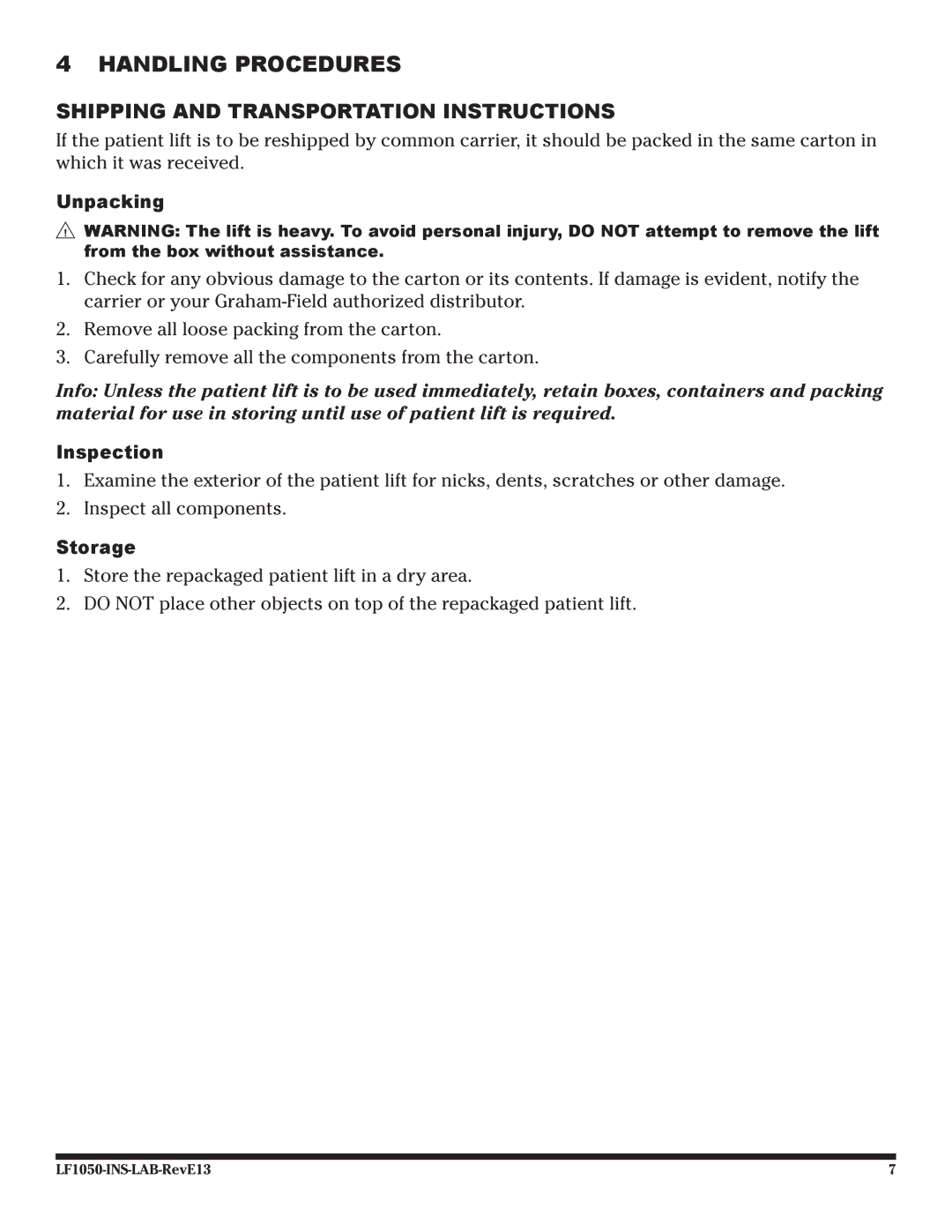 Graham Field LF1050 Handling Procedures, Shipping and Transportation Instructions, Unpacking, Inspection, Storage 