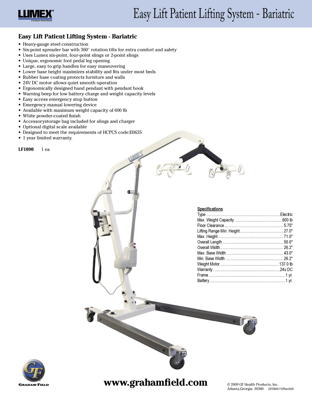 Graham Field warranty Easy Lift Patient Lifting System Bariatric, LF1090 1 ea Speciﬁcations 