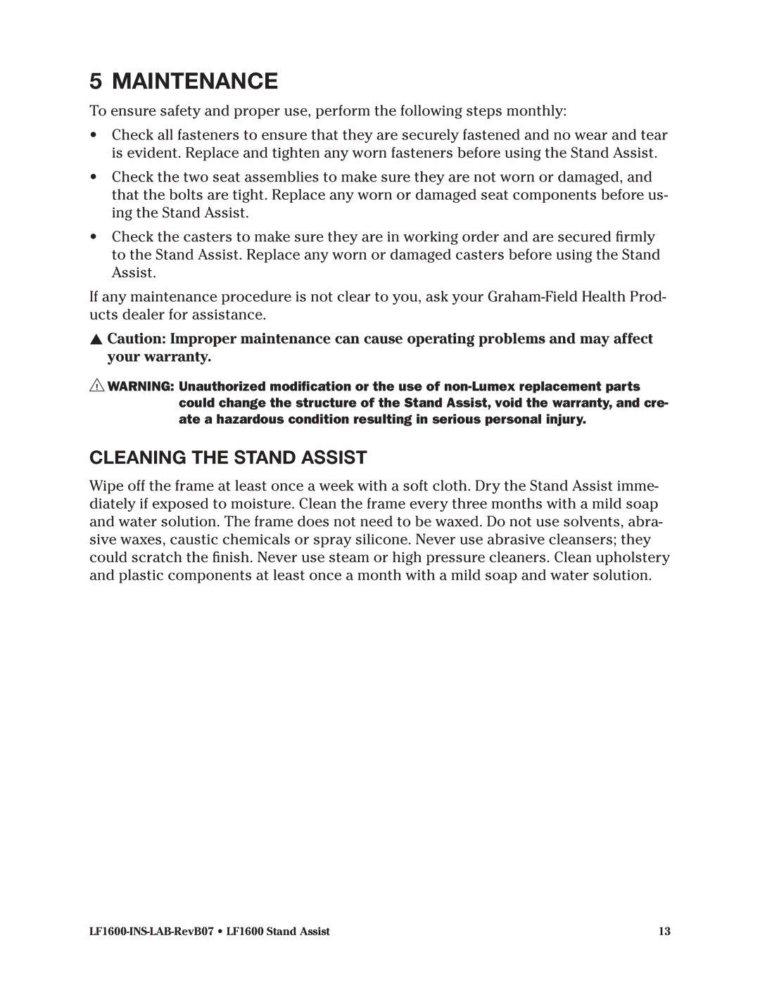 Graham Field LF1600 operation manual Maintenance, Cleaning the Stand Assist 