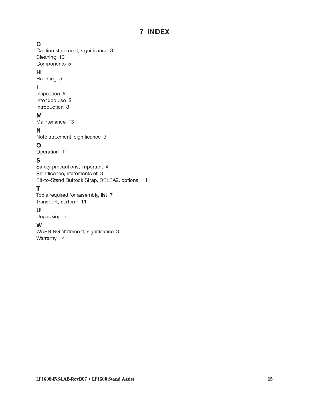 Graham Field LF1600 operation manual Index 