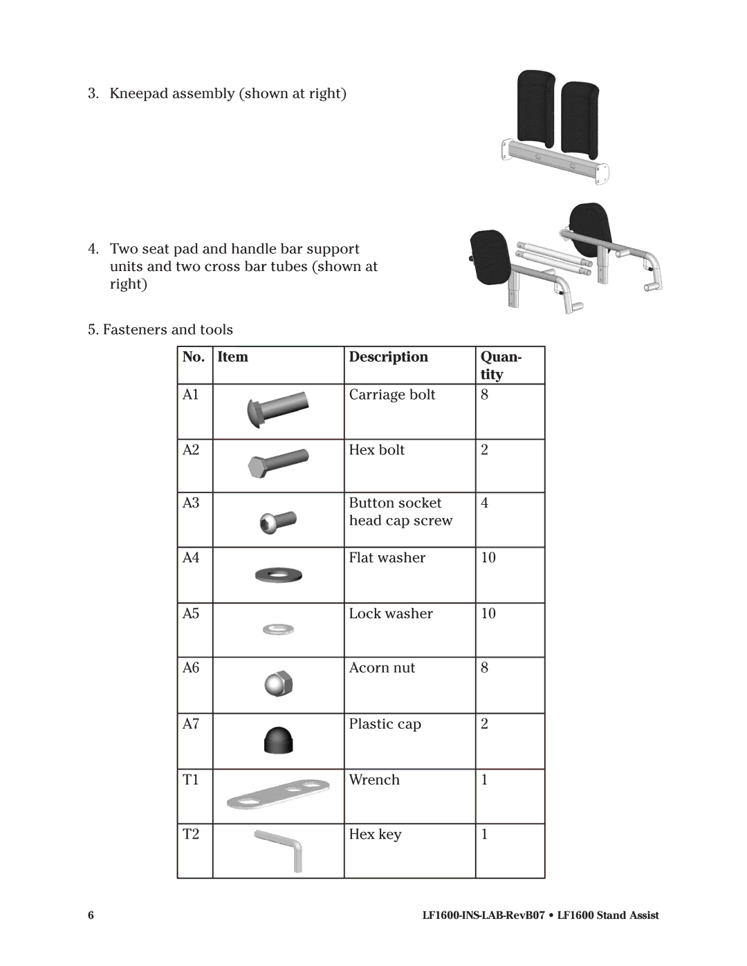 Graham Field LF1600 operation manual Description Quan Tity 