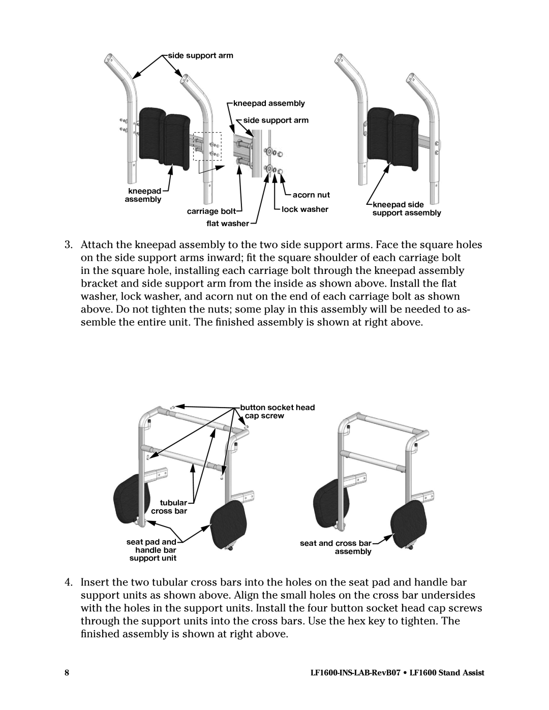 Graham Field LF1600 operation manual Side support arm Kneepad assembly Acorn nut 