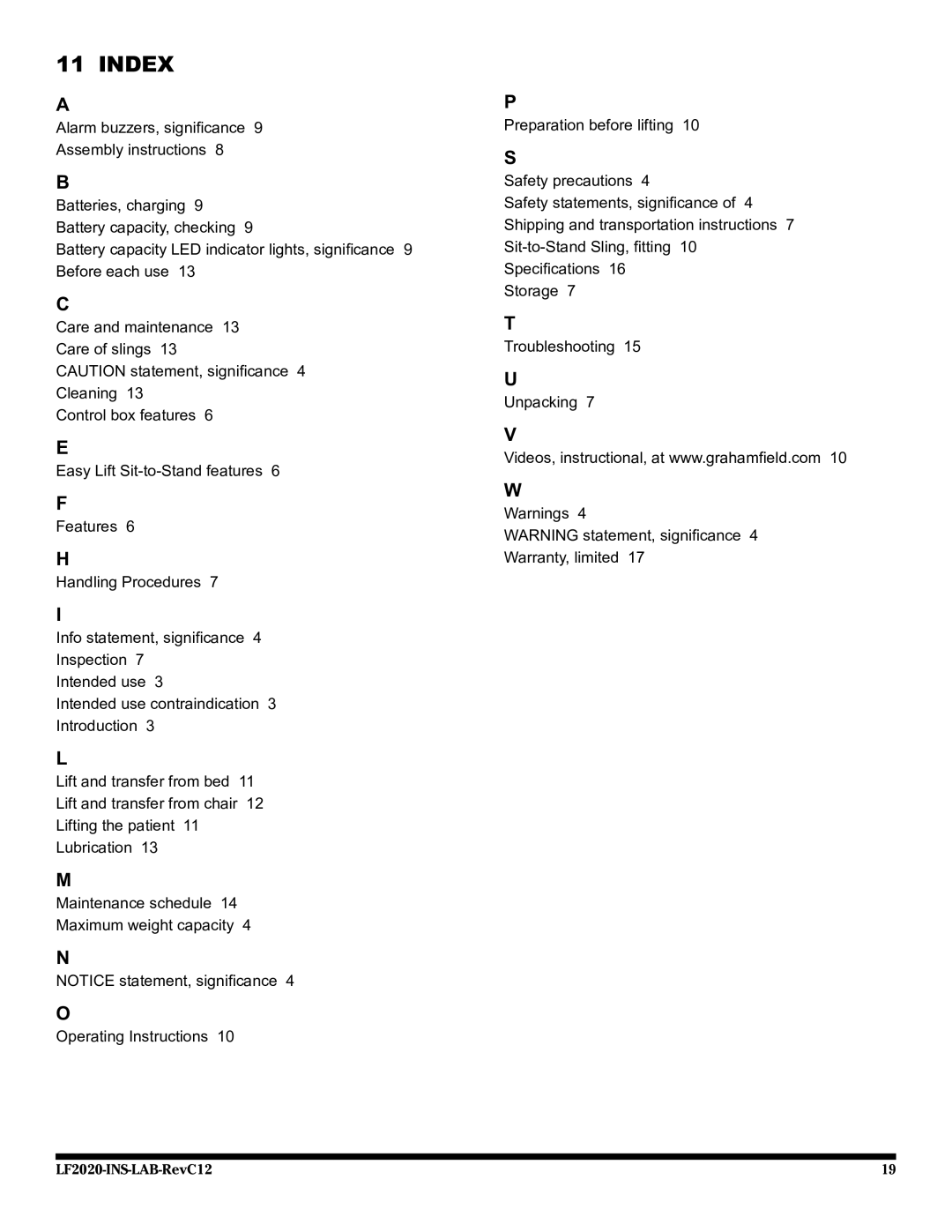 Graham Field LF2090, LF2020 user manual Index 