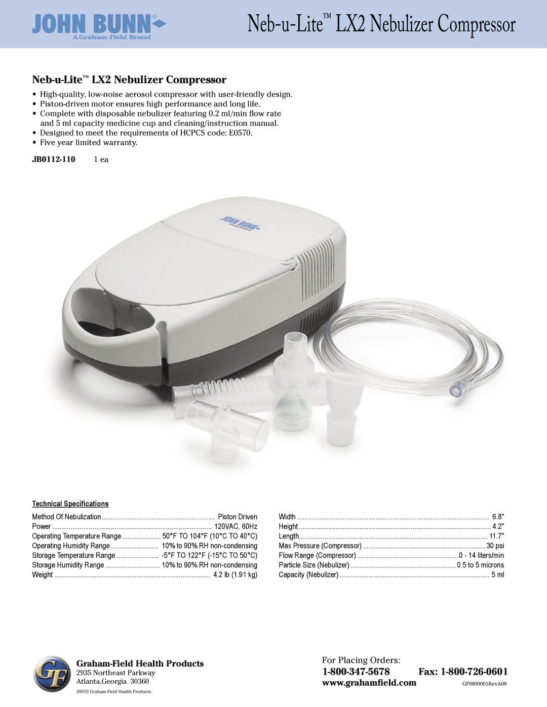 Graham Field instruction manual Neb-u-LiteLX2 Nebulizer Compressor, JB0112-110 Technical Speciﬁcations 