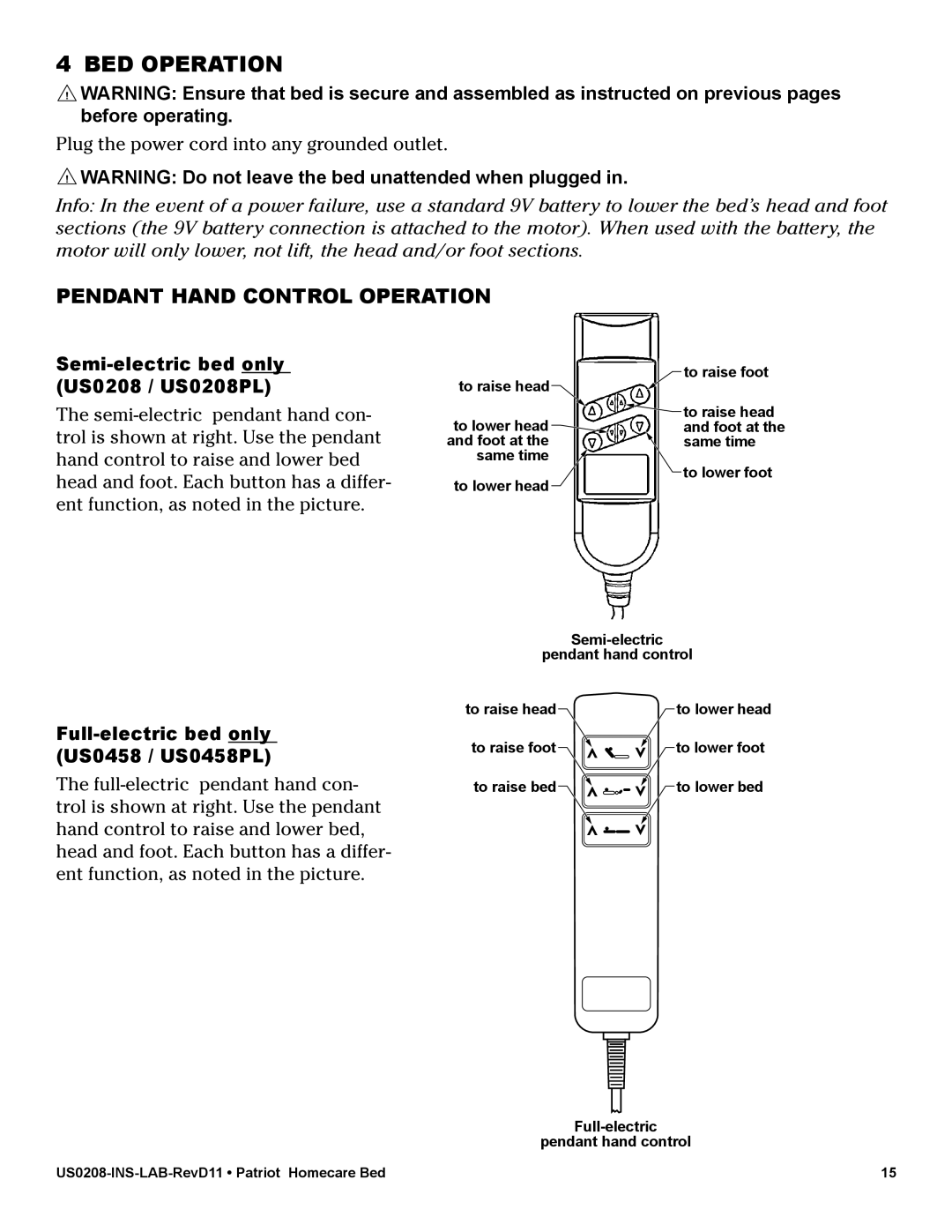 Graham Field US0458 user manual BED Operation, Pendant Hand Control Operation, Semi-electric bed only US0208 / US0208PL 