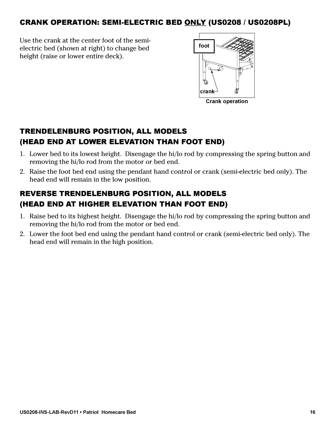 Graham Field US0458 user manual Crank Operation SEMI-ELECTRIC BED only US0208 / US0208PL 