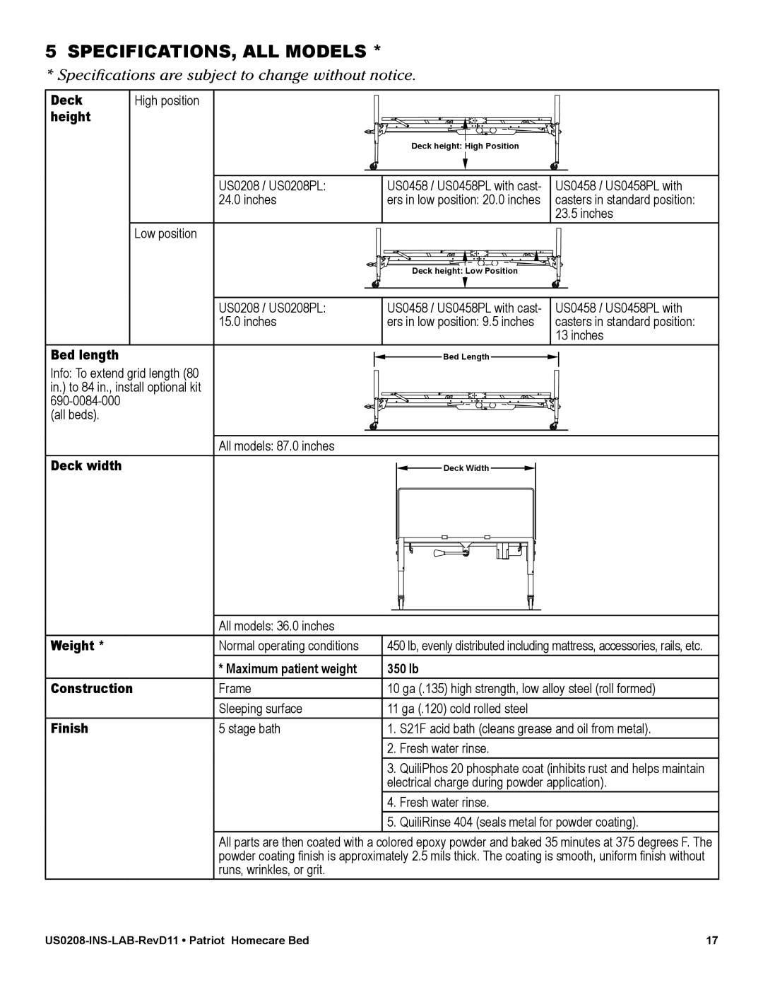 Graham Field US0458, US0208PL user manual SPECIFICATIONS, ALL Models 