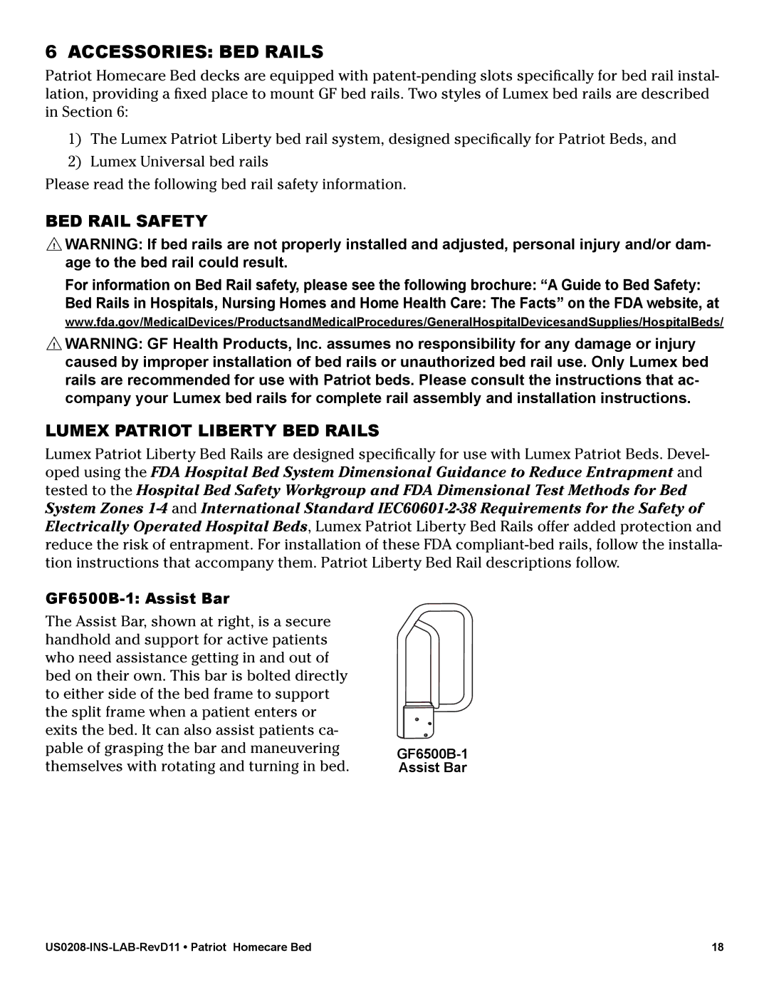 Graham Field US0208PL Accessories BED Rails, BED Rail Safety, Lumex Patriot Liberty BED Rails, GF6500B-1 Assist Bar 