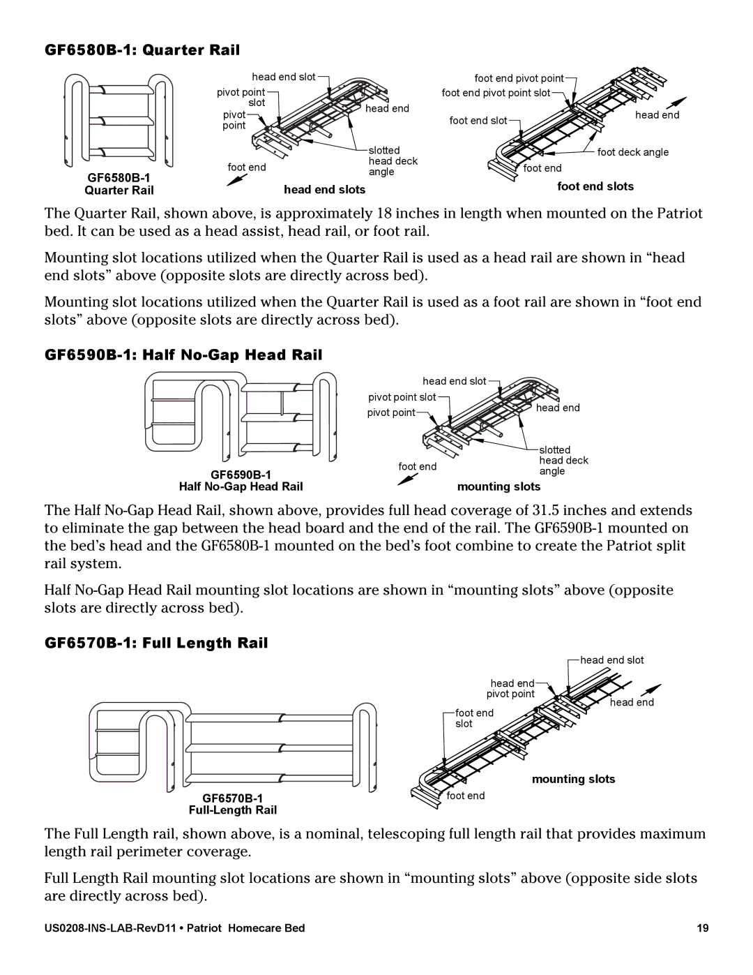 Graham Field US0208PL, US0458 GF6580B-1 Quarter Rail, GF6590B-1 Half No-Gap Head Rail, GF6570B-1 Full Length Rail 