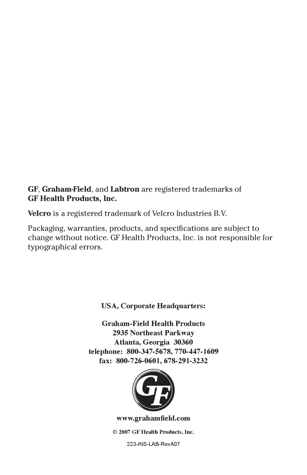 Graham Field V223, 223B user manual GF Health Products, Inc 