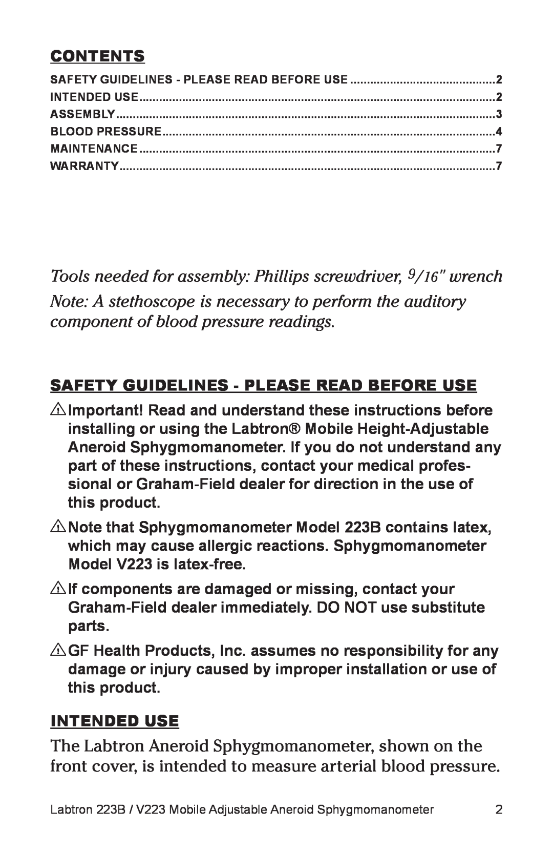 Graham Field V223, 223B user manual Tools needed for assembly Phillips screwdriver, 9/16 wrench 