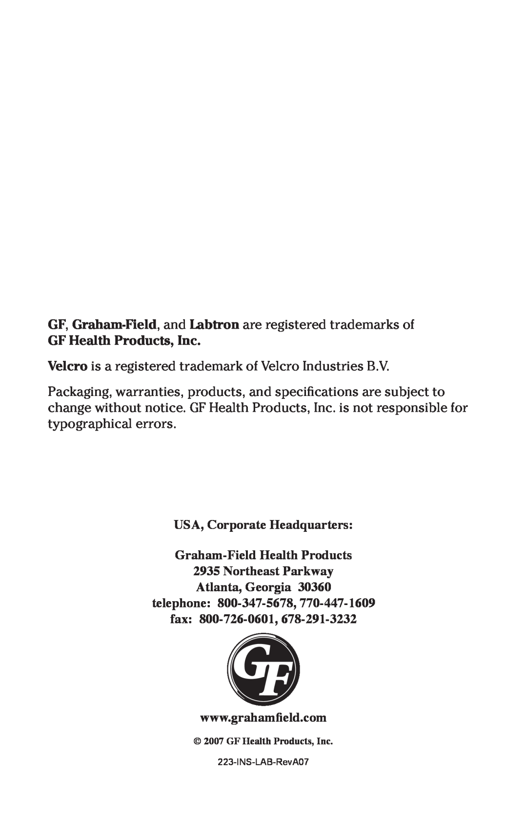 Graham Field V223, 223B user manual GF Health Products, Inc, USA, Corporate Headquarters Graham-Field Health Products, fax 