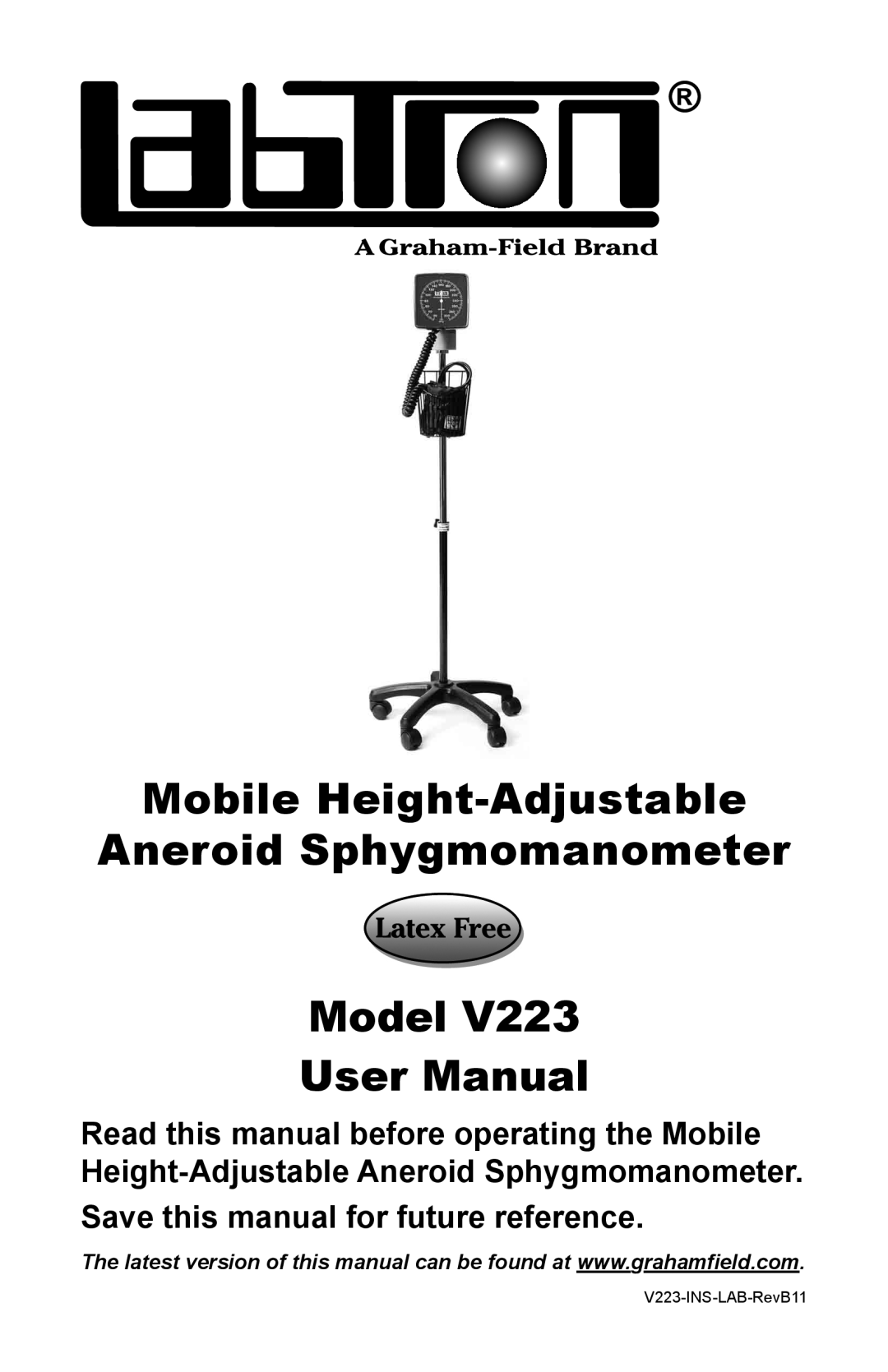 Graham Field V223 user manual Mobile Height-Adjustable Aneroid Sphygmomanometer Model 223B Model, User Manual 