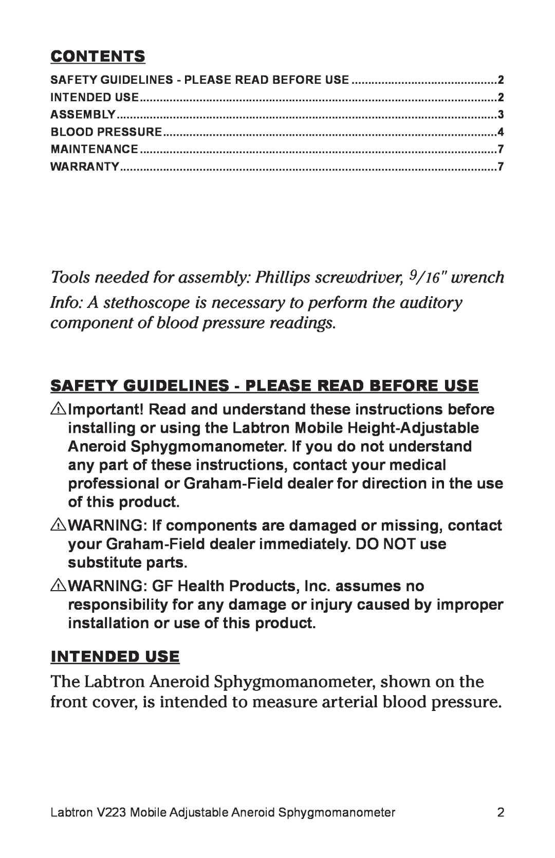 Graham Field V223 user manual Tools needed for assembly Phillips screwdriver, 9/16 wrench, Contents, Intended Use 